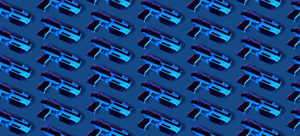 Seamless pattern with blaster game controllers and headphones with microphone. Stock Photos