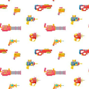 Seamless pattern with blaster weapon, cartoon flat vector illustration on white. Stock Illustration