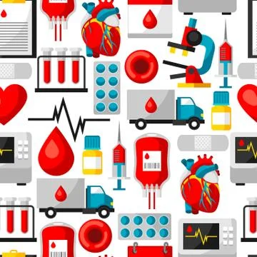 Seamless pattern with blood donation items. Medical and health care objects Stock Illustration