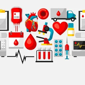Seamless pattern with blood donation items. Medical and health care objects Stock Illustration