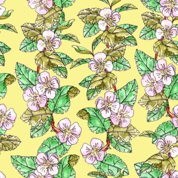Seamless pattern of blooming apple branches with leaves on a light yellow bac Illustrazione stock