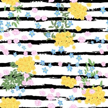Seamless pattern with blooming flowers on black and white striped background. Illustrazione stock