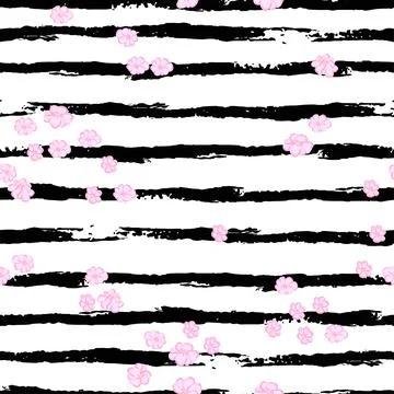 Seamless pattern with blooming flowers on black and white striped background. Stock Illustration