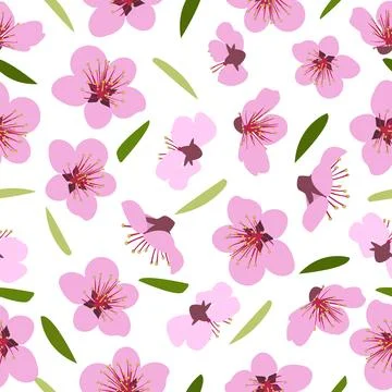 Seamless pattern of blooming pink flowers and green leaves. Vector illustration Illustrazione stock