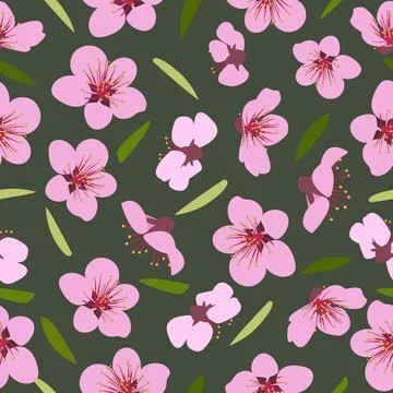Seamless pattern of blooming pink flowers and green leaves. Vector illustration Stock Illustration