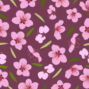 Seamless pattern of blooming pink flowers and green leaves. Vector illustration Stock Illustration
