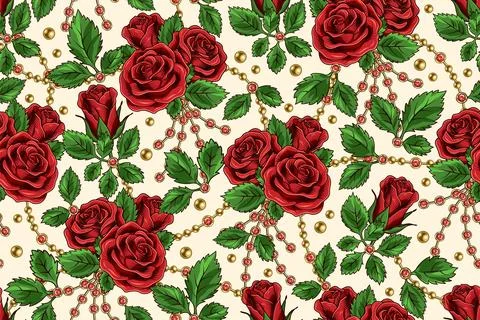 Seamless pattern with blooming red roses Stock Illustration