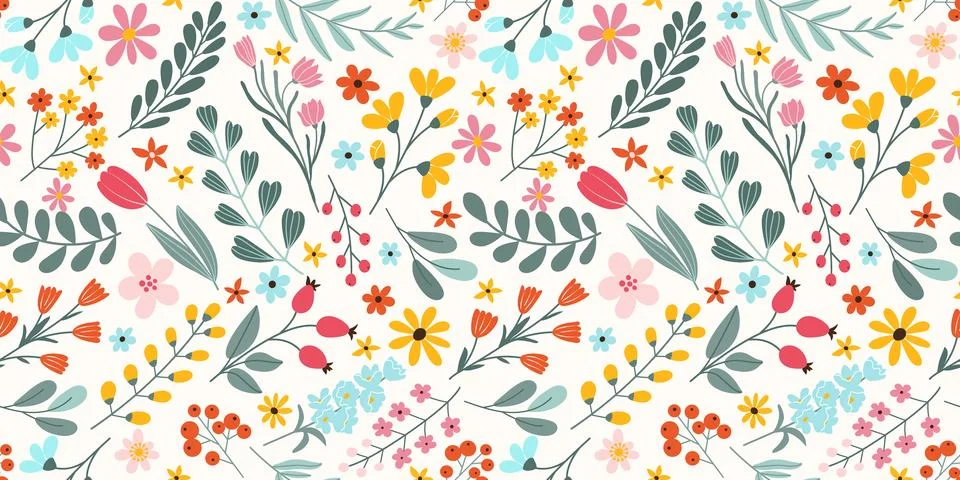 Seamless pattern with blooming spring flowers and leaves on white background Stock Illustration
