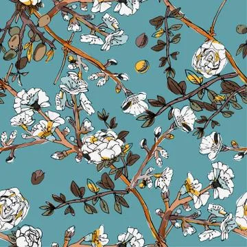 Seamless pattern with blossom flowers sakura tree. Vector illustration with p 库存插图
