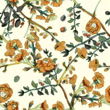 Seamless pattern with blossom flowers sakura tree. Vector illustration with p Stock Illustration