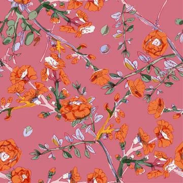 Seamless pattern with blossom flowers sakura tree. Vector illustration with p Stock Illustration