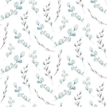 Seamless pattern of blossom pink cherry flowers in watercolor style with white Stock Illustration