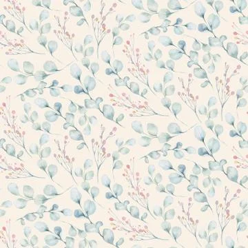 Seamless pattern of blossom pink cherry flowers in watercolor style with white Stock Illustration