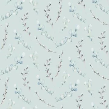 Seamless pattern of blossom pink cherry flowers in watercolor style with white Stock Illustration