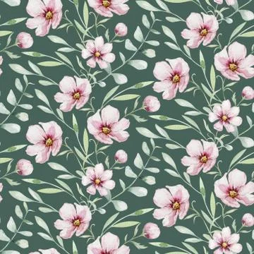 Seamless pattern of blossom pink cherry flowers in watercolor style with white Stock Illustration