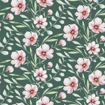 Seamless pattern of blossom pink cherry flowers in watercolor style with white Stock Illustration