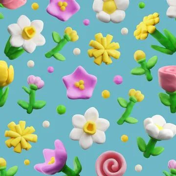 Seamless pattern with blossom plasticine spring flowers, vector 3D clay texture Stock Illustration