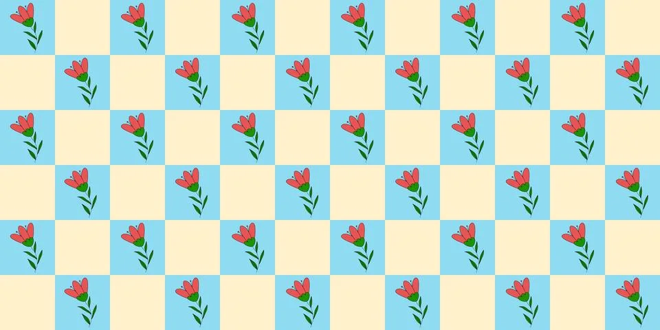 Seamless pattern with blossom red tulips or meadow flowers, on checked yellow Stock Illustration