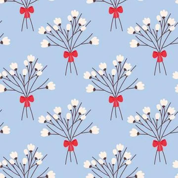 Seamless Pattern of blossom sprigs bouquets with tied ribbon bow. Minimalistic Stock Illustration