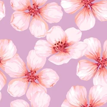 Seamless pattern with blossoming apple tree flowers on pink background. Elegance Stock Illustration