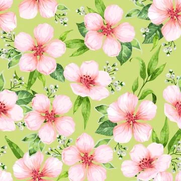Seamless pattern with blossoming apple tree flowers on green background Stock Illustration
