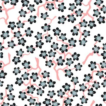Seamless pattern with blossoming Japanese cherry sakura branches.Black flower Stock Illustration