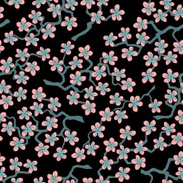 Seamless pattern with blossoming Japanese cherry sakura branches Stock Illustration