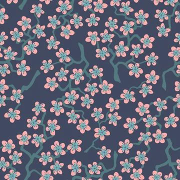 Seamless pattern with blossoming Japanese cherry sakura branches.Pink flowers イラスト素材