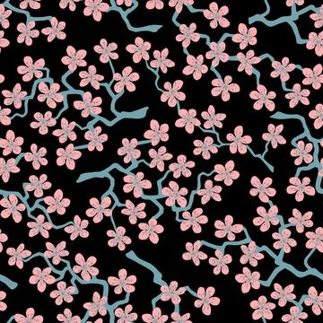 Seamless pattern with blossoming Japanese cherry sakura branches.Pink flowers Stock Illustration