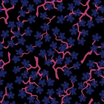 Seamless pattern with blossoming Japanese cherry sakura branches.Blue flowers イラスト素材