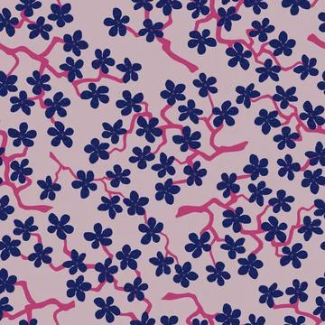 Seamless pattern with blossoming Japanese cherry sakura branches.Blue flowers Stock Illustration