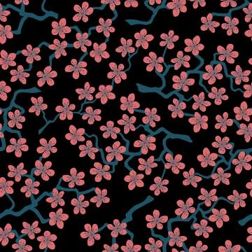 Seamless pattern with blossoming Japanese cherry sakura branches.Pink flowers Stock Illustration