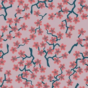 Seamless pattern with blossoming Japanese cherry sakura branches.Coral flower Stock Illustration