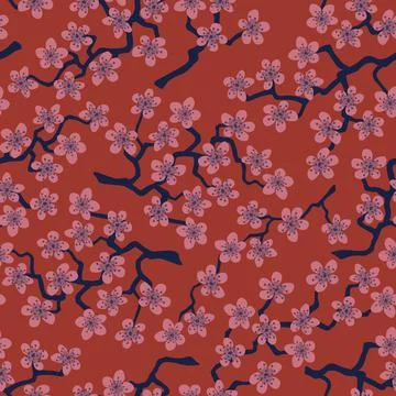 Seamless pattern with blossoming Japanese cherry sakura branches.Pink flowers Stock Illustration