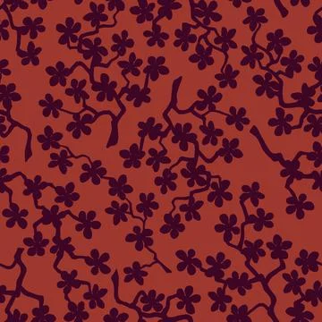 Seamless pattern with blossoming Japanese cherry sakura branches.Burgundy flo Illustrazione stock