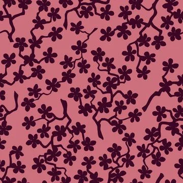 Seamless pattern with blossoming Japanese cherry sakura branches.Burgundy flo Stock Illustration