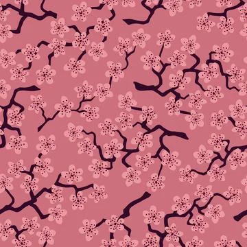 Seamless pattern with blossoming Japanese cherry sakura branches.Mauve flower Stock Illustration
