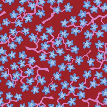 Seamless pattern with blossoming Japanese cherry sakura branches.Heavenly flo Illustrazione stock