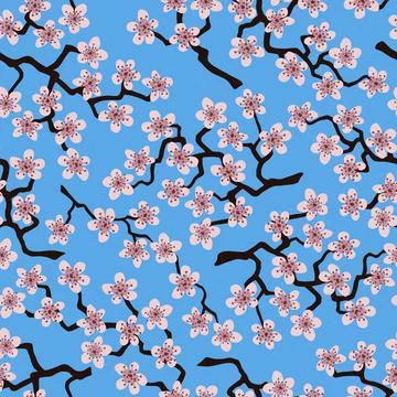 Seamless pattern with blossoming Japanese cherry sakura branches.Pink flowers Illustrazione stock
