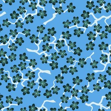 Seamless pattern with blossoming Japanese cherry sakura branches.Gray flowers Illustrazione stock