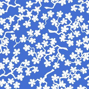 Seamless pattern with blossoming Japanese cherry sakura branches.White flower Illustrazione stock