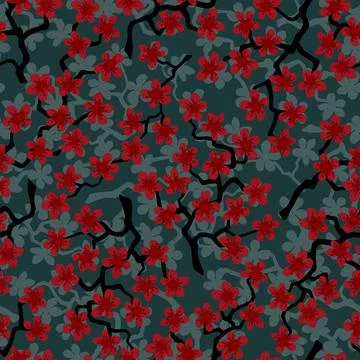 Seamless pattern with blossoming Japanese cherry sakura branches.Red flower o Stock Illustration