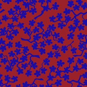 Seamless pattern with blossoming Japanese cherry sakura.Blue flowers on terra Illustrazione stock