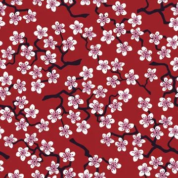 Seamless pattern with blossoming Japanese cherry sakura.Pink flowers on terra Stock Illustration