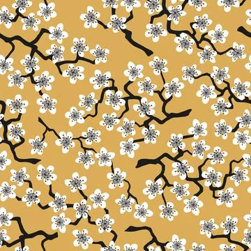 Seamless pattern with blossoming Japanese cherry sakura.White flowers on must Stock Illustration