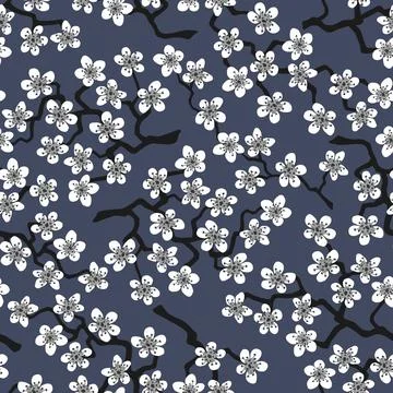 Seamless pattern with blossoming Japanese cherry sakura.White flowers on slat Stock Illustration