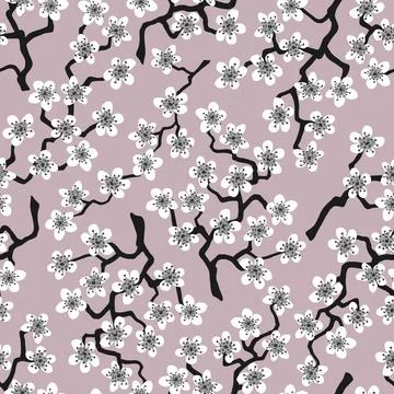 Seamless pattern with blossoming Japanese cherry sakura.White flowers on rosy Stock Illustration
