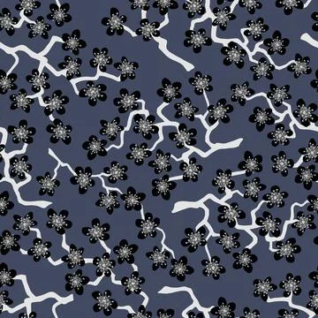 Seamless pattern with blossoming Japanese cherry sakura.Black flowers on slat Illustrazione stock