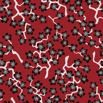 Seamless pattern with blossoming Japanese cherry sakura.Black flowers on Terr Stock Illustration