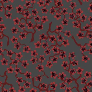 Seamless pattern with blossoming Japanese cherry sakura.Terracotta flowers on Stock Illustration